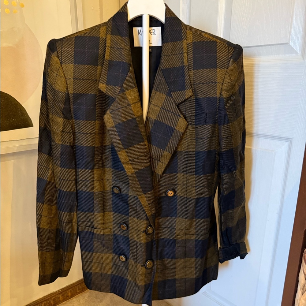 Vintage Double-Breasted Plaid Blazer in Olive & Navy Blue